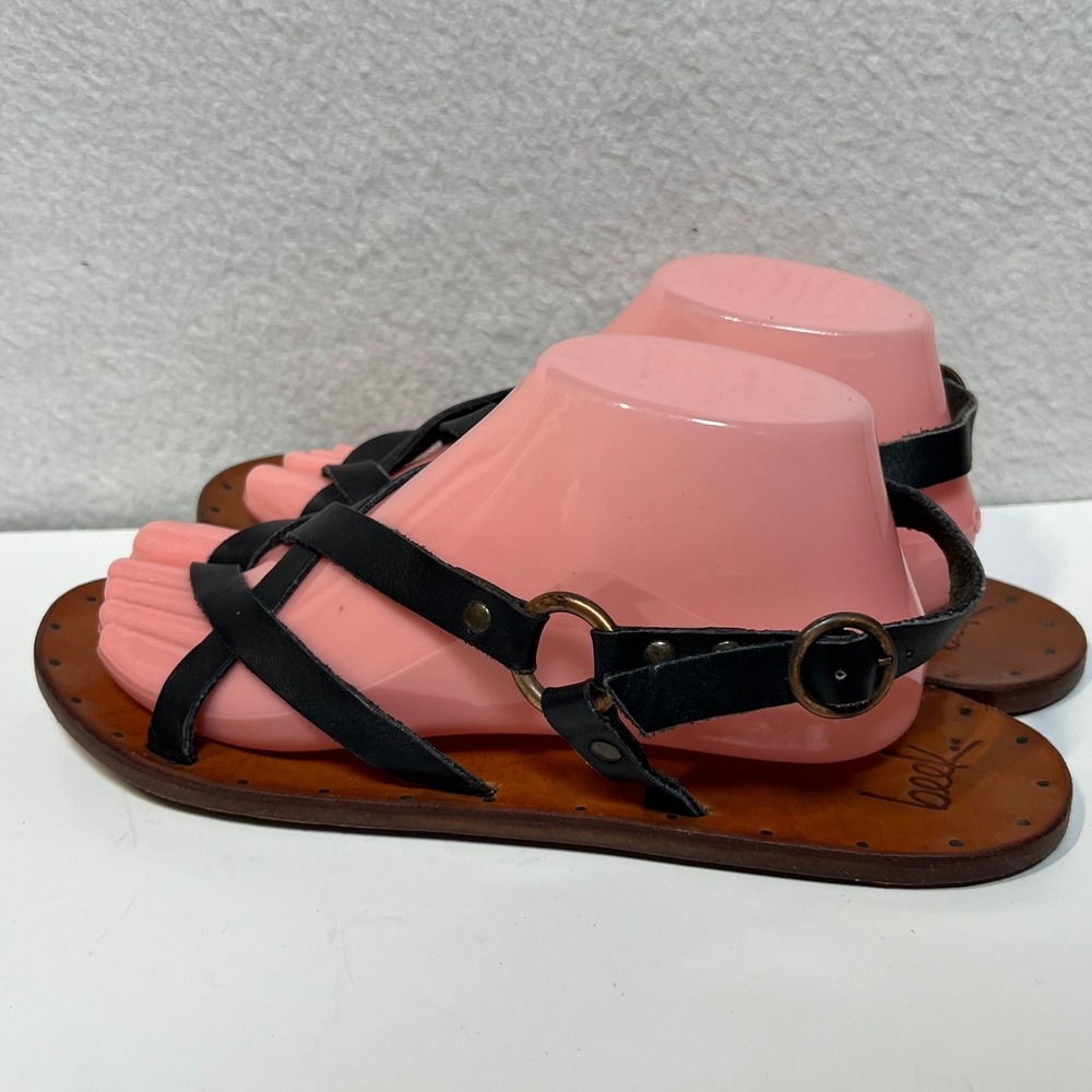 Beek Leather Strappy Sandals Black Tan Gladiator Flat Buckle Ankle Strap 9 - Picture 11 of 11